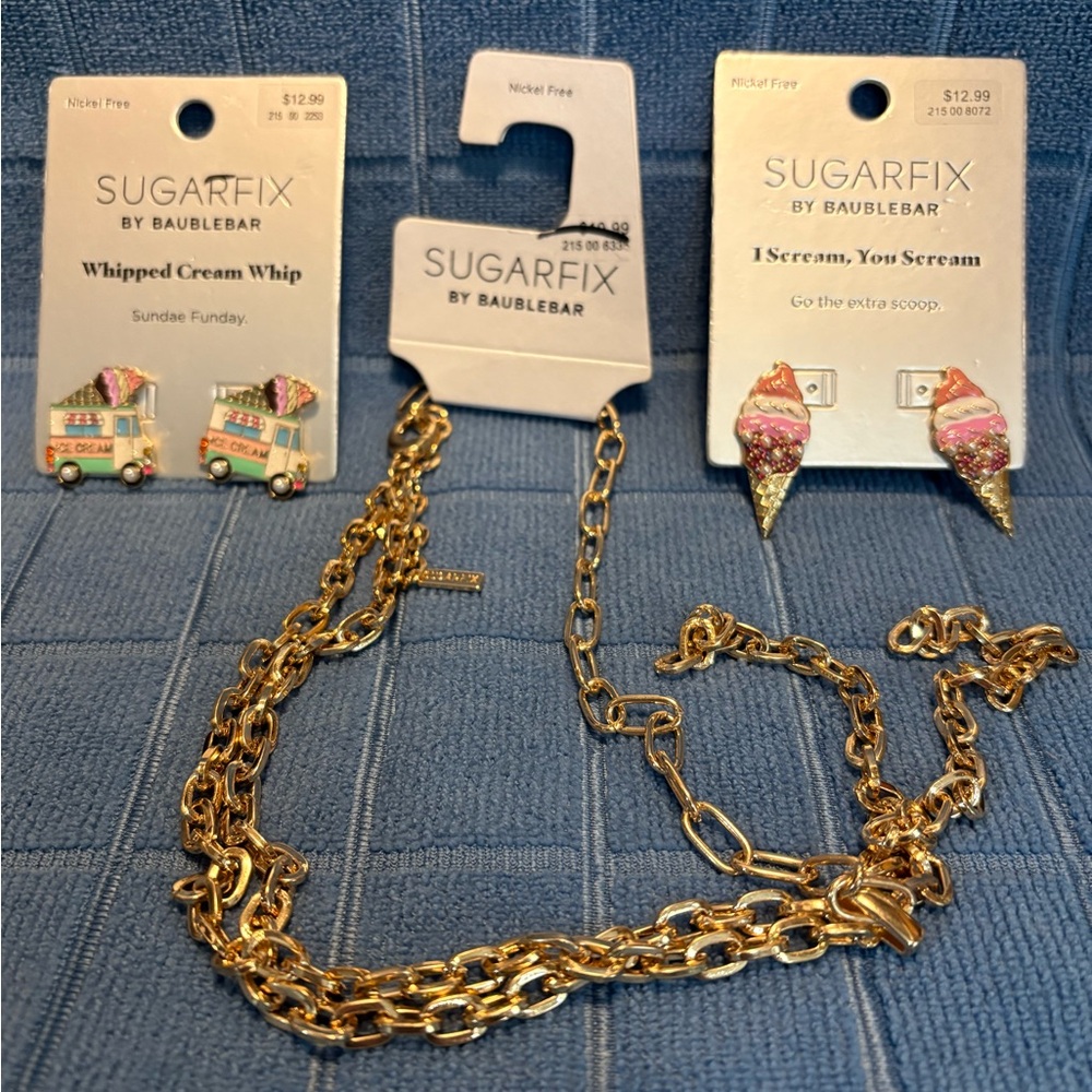 Sugarfix Gold Chain Necklace and Ice Cream Cones and Truck Earrings Set